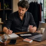 Artiste indépendant préparant seul son activité entre gestion administrative, organisation professionnelle et répétition de tours de magie dans un espace de travail moderne.
