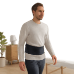 Une illustration montrant une personne active avec une ceinture lombaire discrète, dans une ambiance rassurante et moderne. L’image évoque le maintien ciblé, la mobilité et le confort au quotidien.