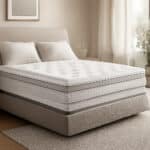 Un matelas hybride premium mis en scène dans une chambre contemporaine et apaisante. L’image évoque le confort d’accueil, le soutien stable et la sensation de fraîcheur recherchée la nuit.