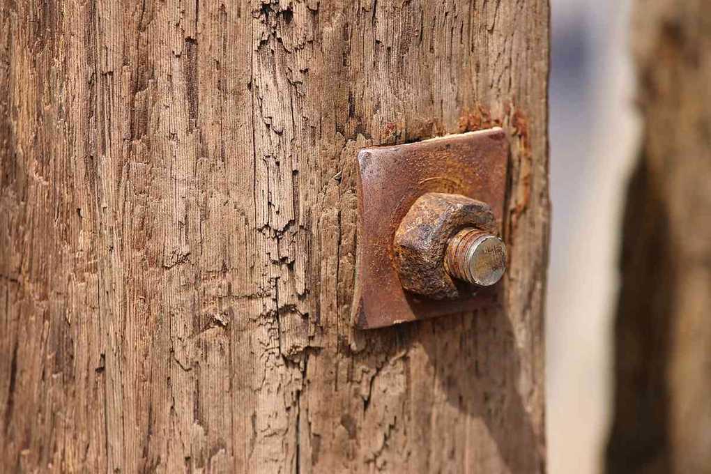 Clou et écrou rouillés sur bois craquelé